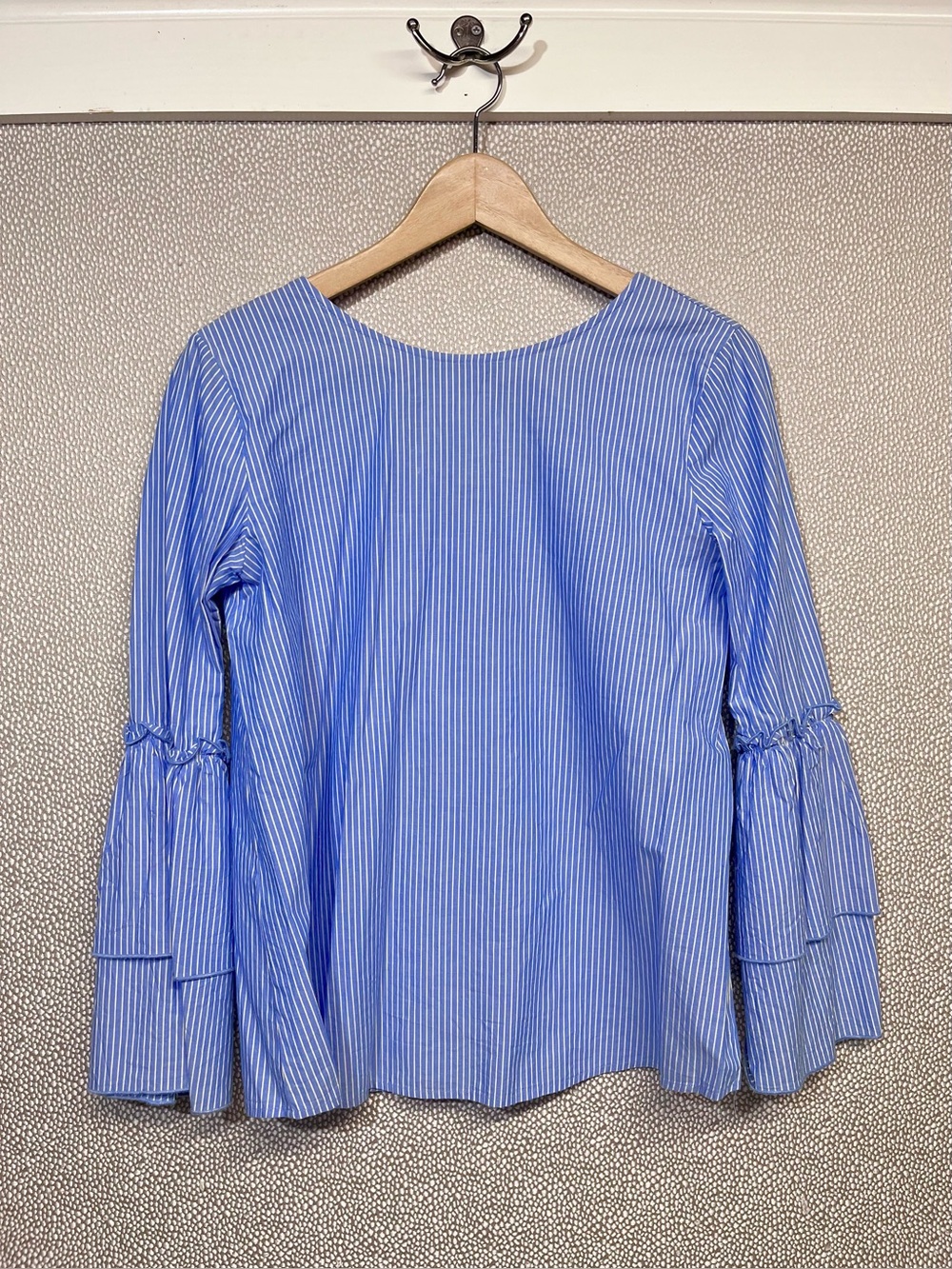 XS Blue Stripe Bell-Sleeve Women’s Top with Tie Back Detail